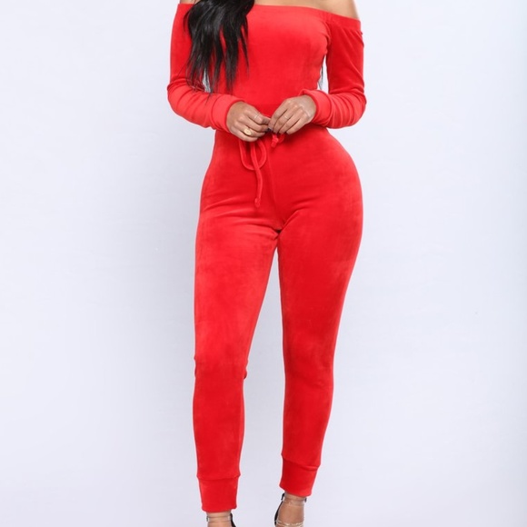fashion nova red velvet jumpsuit